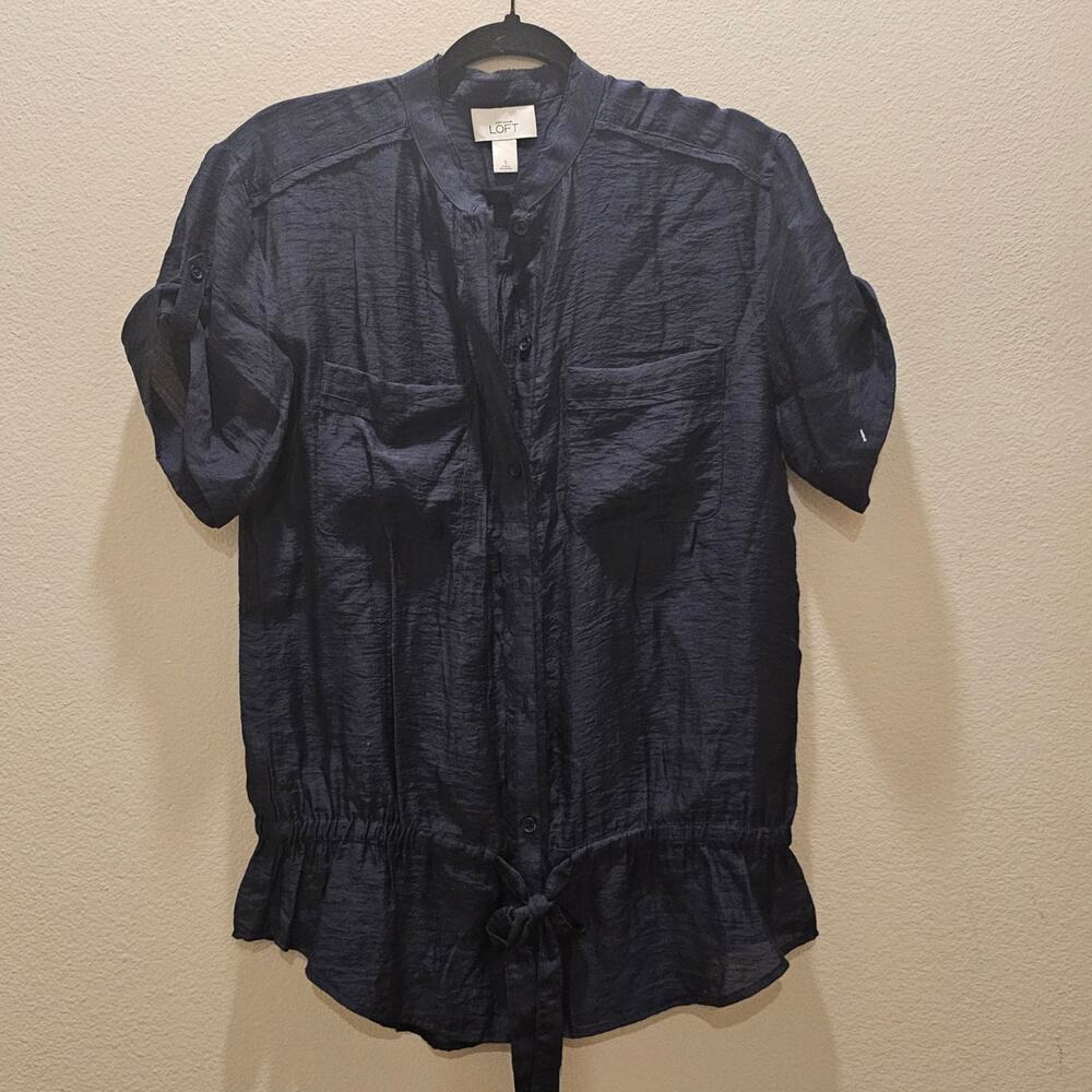 LOFT Sheer Utility Button-Down Shortsleeve Drawstring Navy Size S